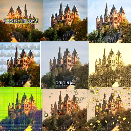 A castle photo transformed with several colorful PhotoPWA effects